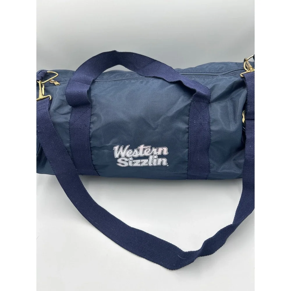 Vintage Western Sizzlin Steakhouse Navy Blue Nylon Duffel Bag Retro 80s Travel